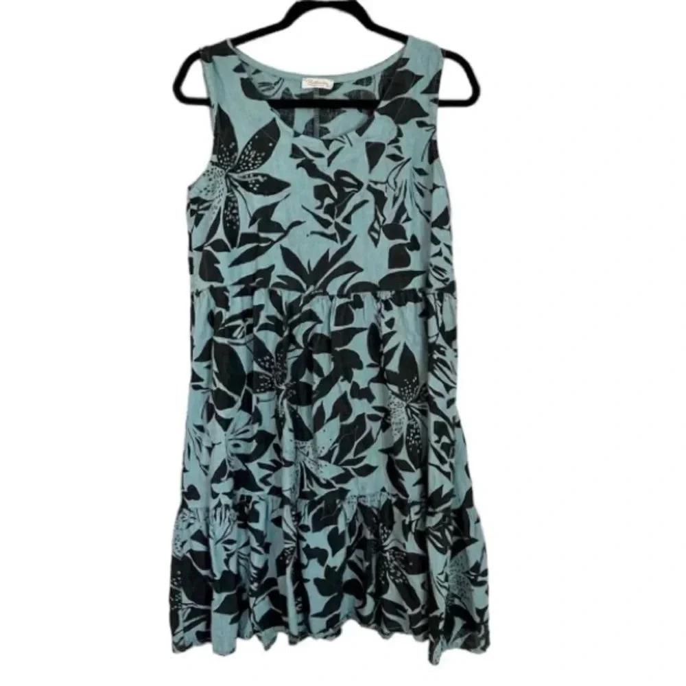 Bellambia Women's Sleeveless Scoop Neck Blue Floral Linen Dress Size XS GUC